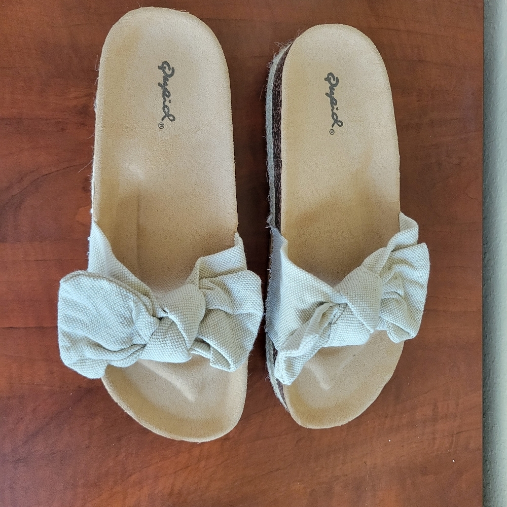 New - Women's Qupid Haidy Bow Espadrille Slide Sandals In Beige Size 7 - Picture 6 of 10